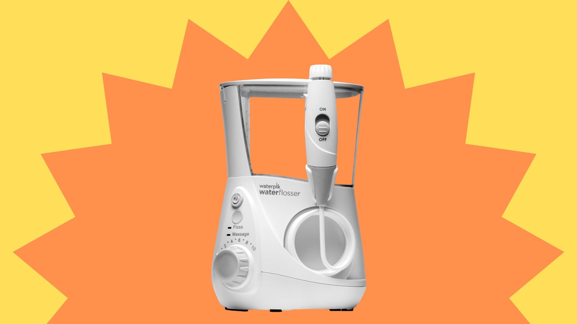 A Waterpik in an orange sunburst.