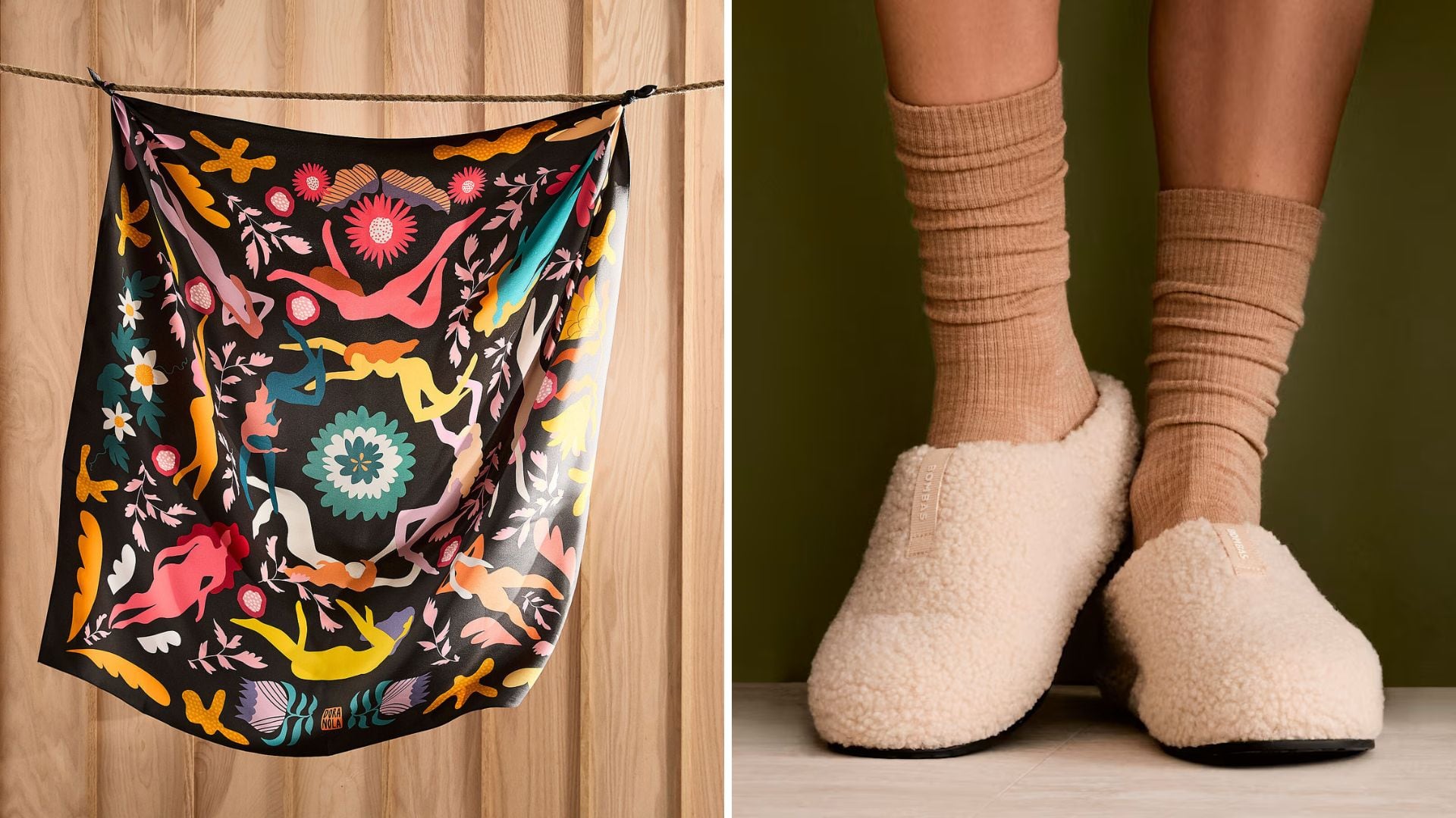 A Dora Nola silk scarf and Bombas slippers.