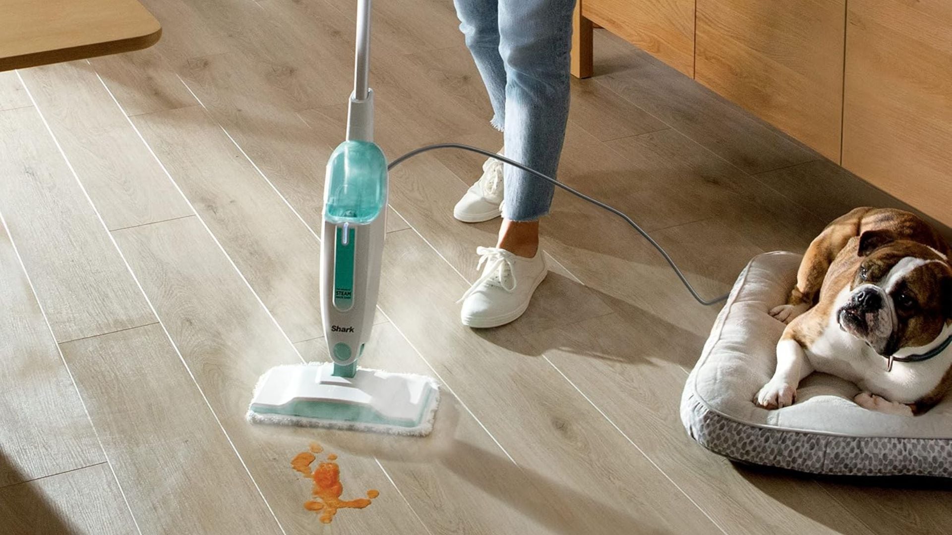 A person using a Shark Steam Mop on a hardwood floor while a dog lies in its dog bed.