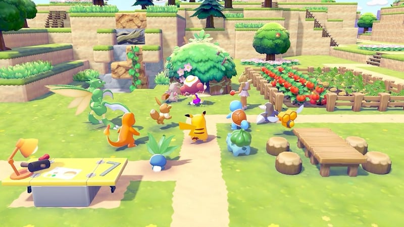 Pokémon and Ditto surrounding a house in Withered Wasteland in the game Pokopia.