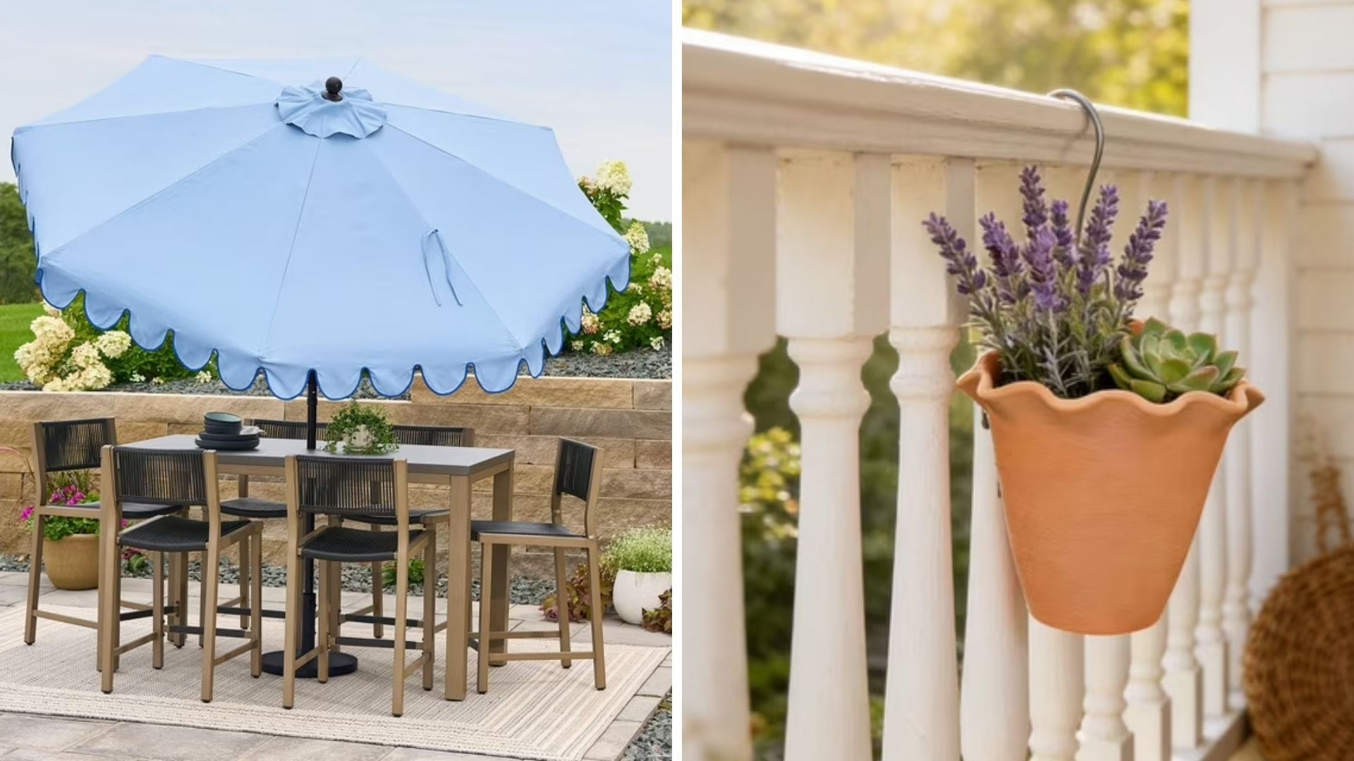 A split image of a scalloped umbrella over a table, and a hanging planter on a railing