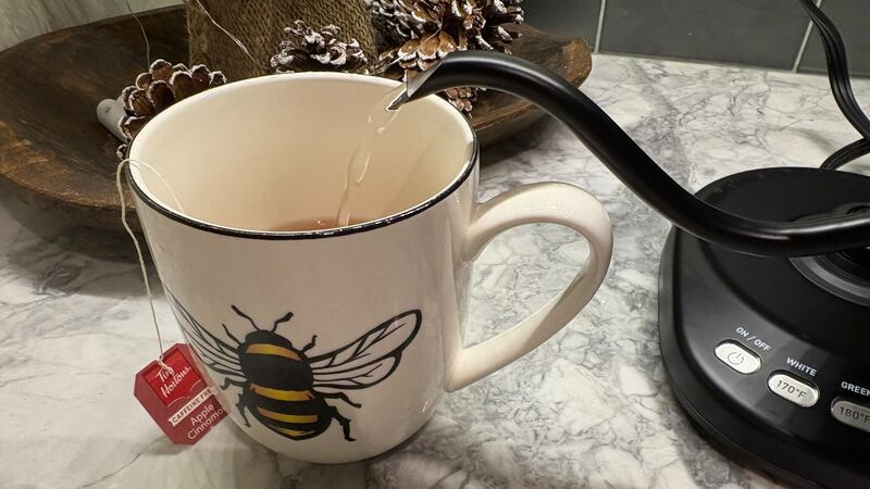 the gooseneck kettle spout pouring hot water into a mug