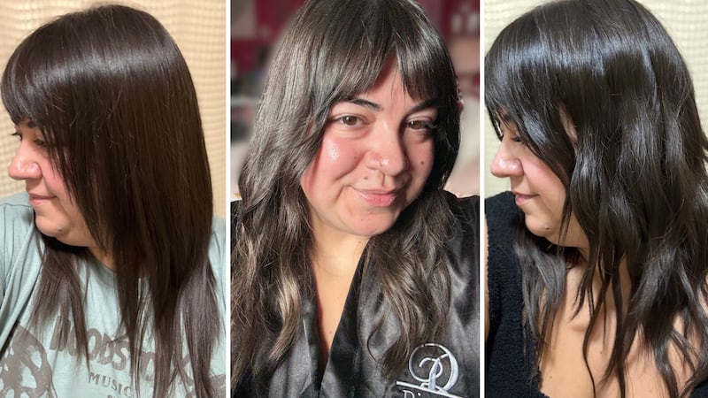 A split image showing three photos of Bianca's hair straight, curled, and wavy