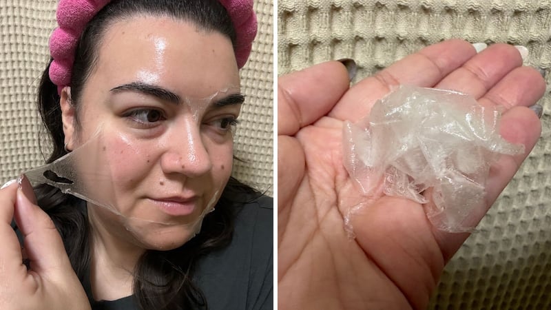 Bianca peeling the mask off her face in the morning (left), and the face mask in her hand after easily peeling it off in one piece (right).