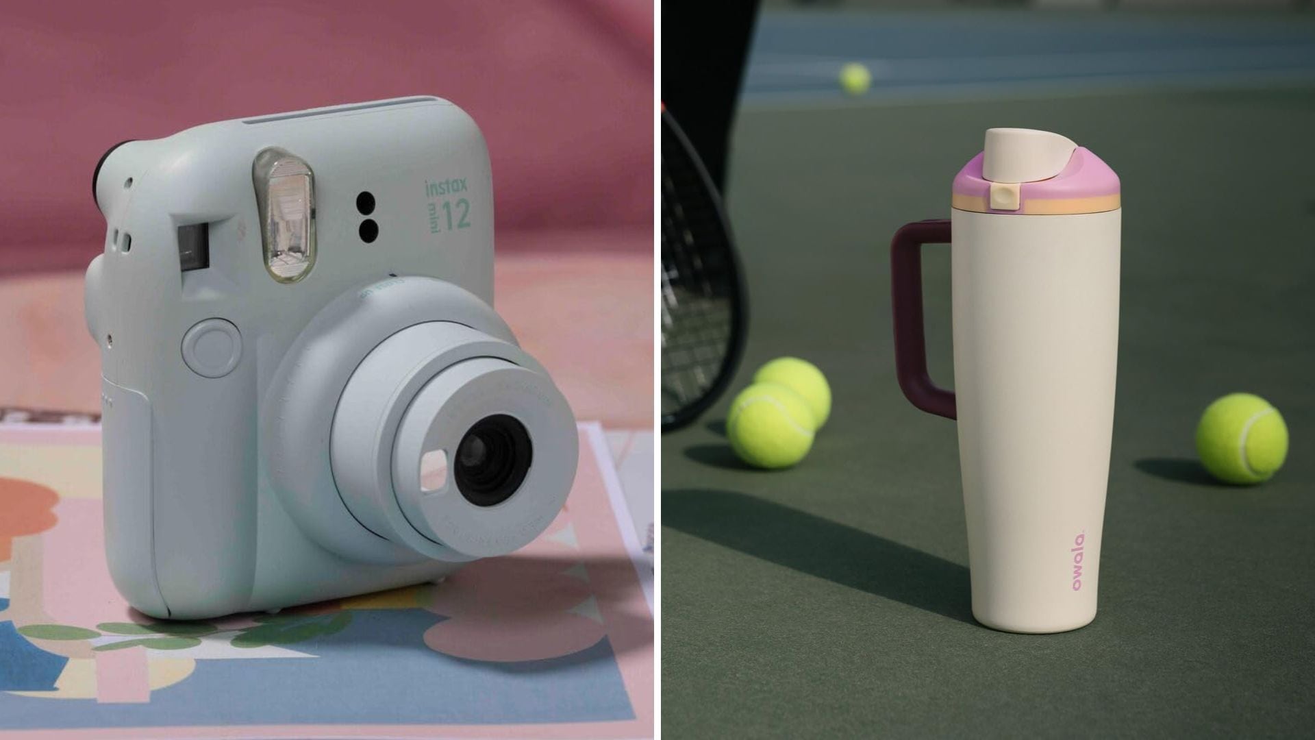 a split image of an instant camera and a tumbler on a tennis court