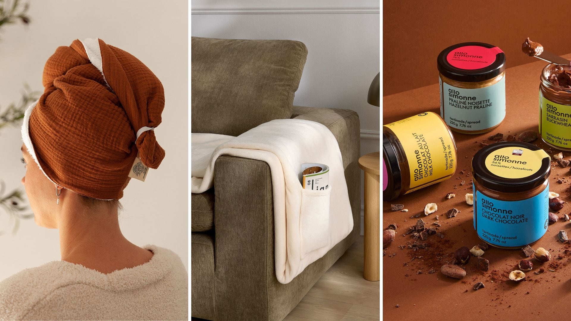 a split image of a person wearing a hair towel, a blanket on a couch, and hazelnut spreads on a table