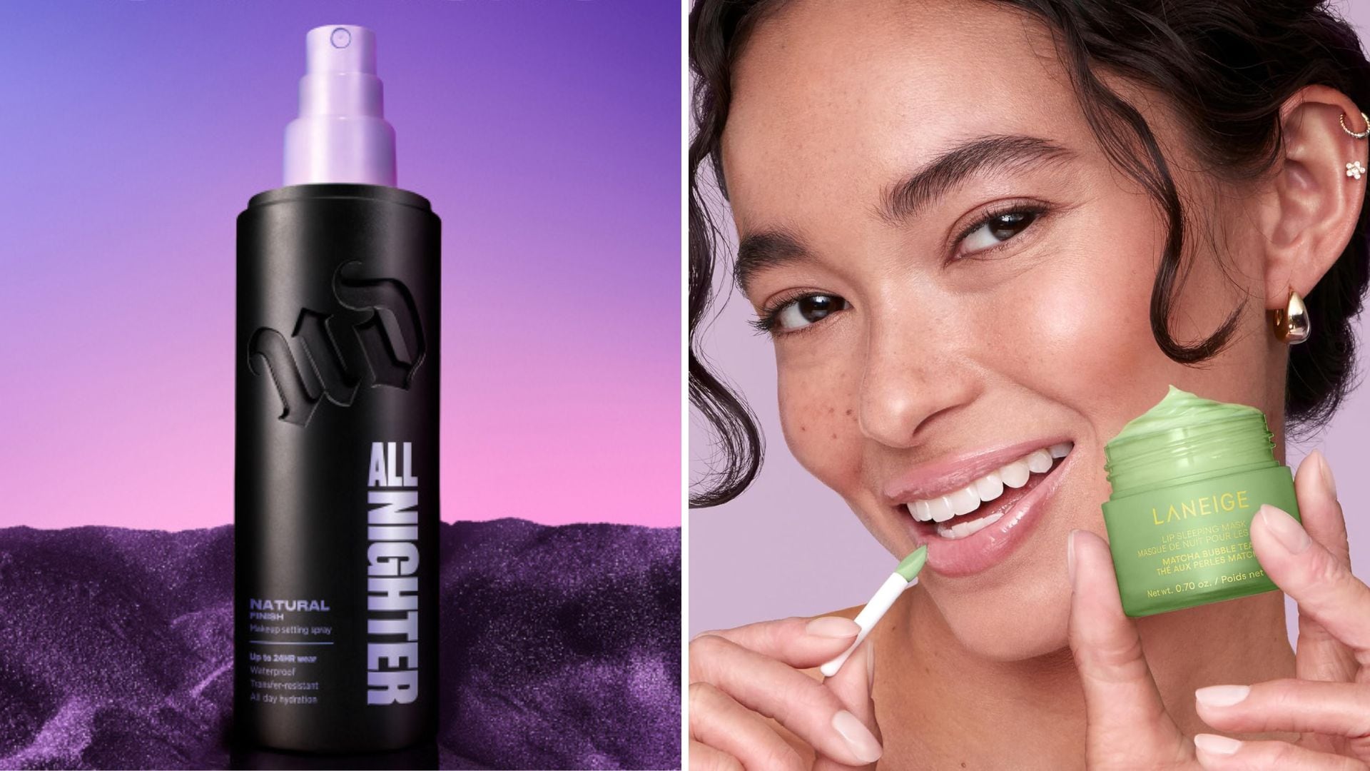 A bottle of Urban Decay All Nighter Spray and a person applying a LANEIGE Lip Mask.