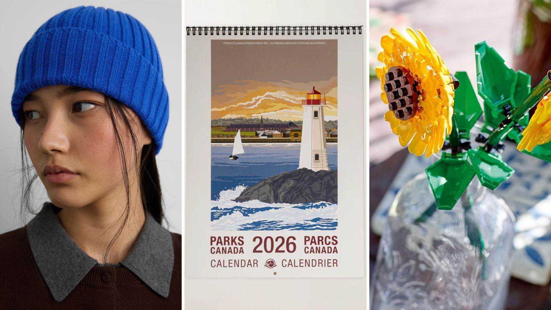 a split image of someone in a hat, a calendar, and a Lego flower