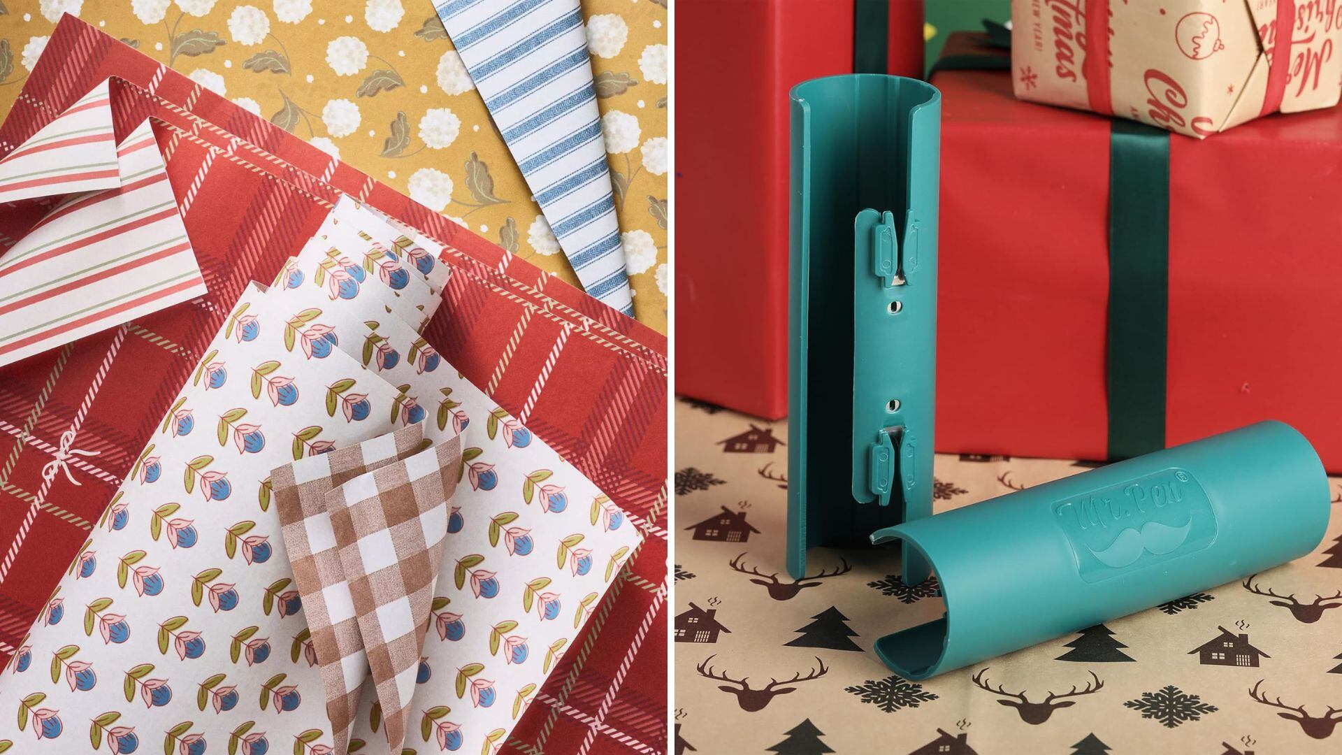 Wrapping paper and a pair of wrapping paper cutters.