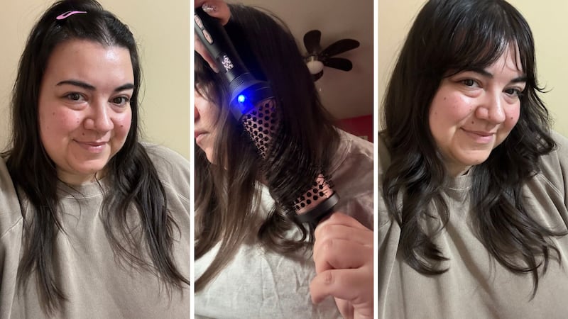 Bianca's second day hair before styling (photo one), Bianca using the K&K Thermal Round Brush on her hair (second photo), and Bianca's hair after styling (third photo)