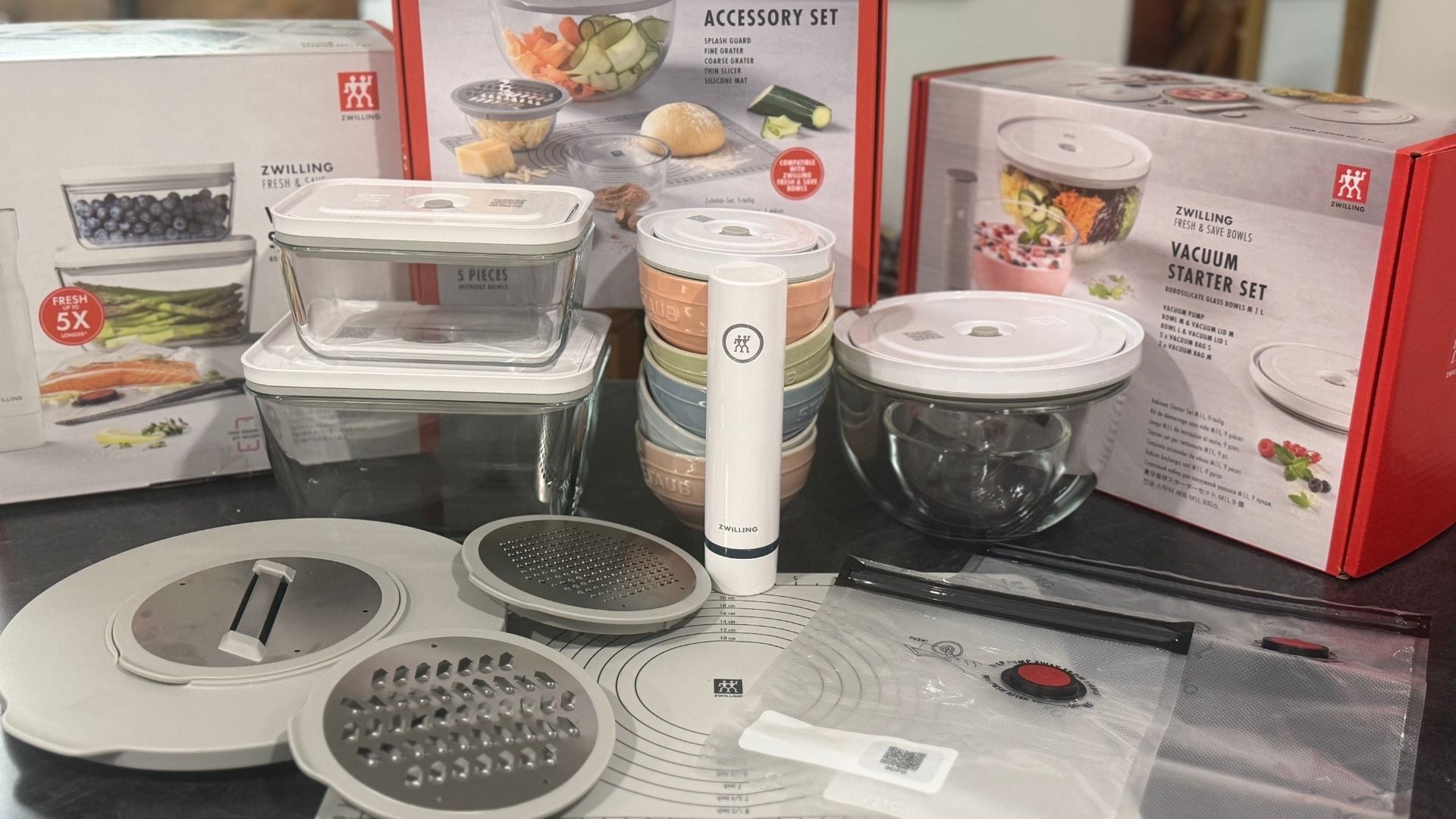 The Zwilling vacuum sealer and various accessories on Meg's kitchen counter.