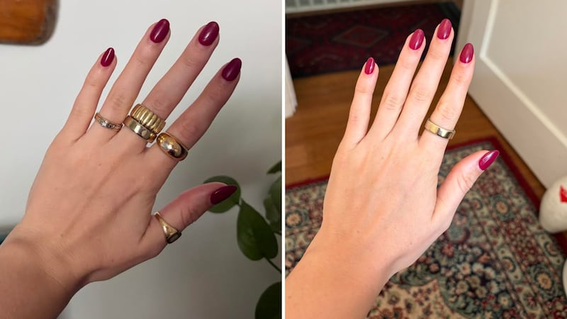 Alice is wearing the OURA Ring with several other rings and on its own.