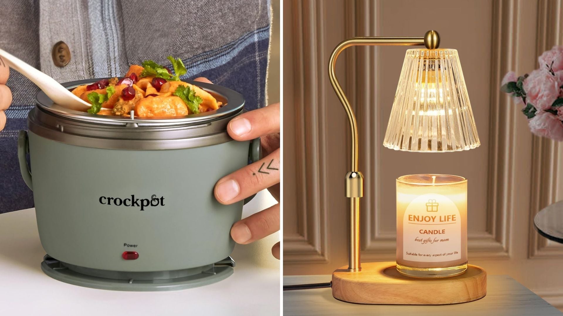 a split image of a mini crock pot and a candle warmer