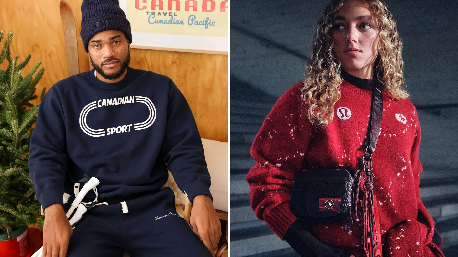 A person wearing a Province of Canada crewneck and a person wearing a Lululemon Team Canada outfit.