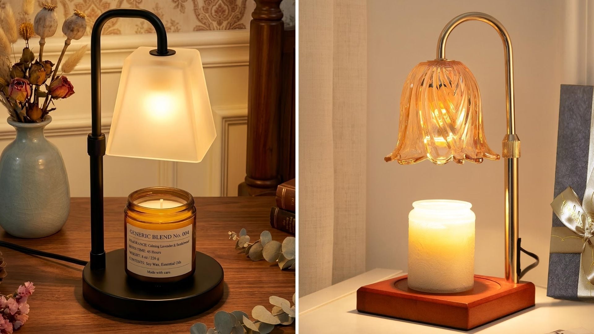 Two candle warmers from Amazon Canada. One has an angular frosted shade, and the other has a flower shade.