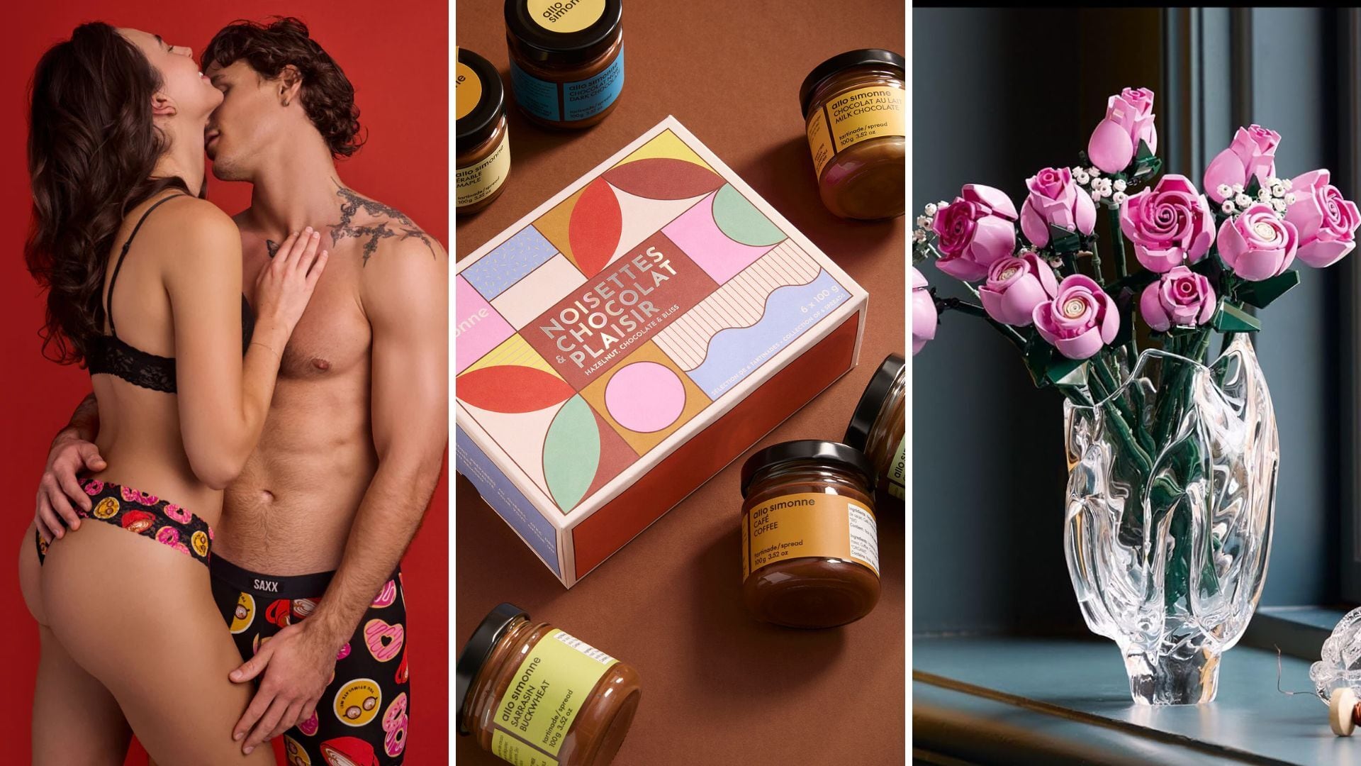 a split image of a couple in matching underwear, chocolate spreads on a table, and a vase full of lego flowers