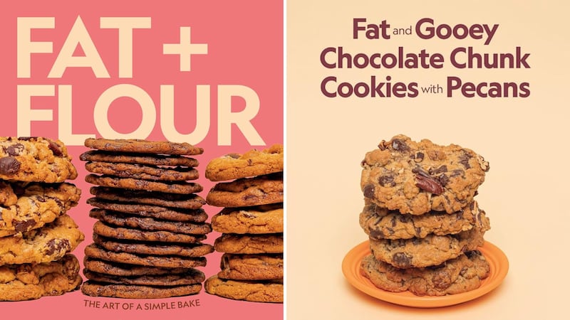The cover of Fat + Flour, which features three stacks of cookies, and a stack of Fat and Gooey Chocolate Chunk Cookies with Pecans.