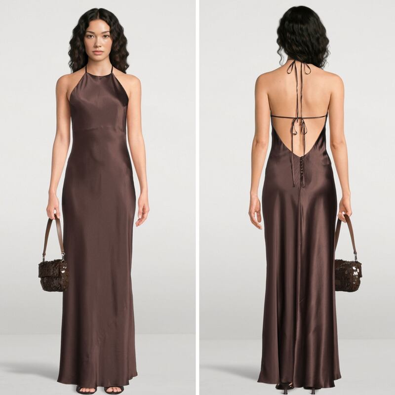 A person wearing a brown silk Reformation dress, sold at Holt Renfrew.