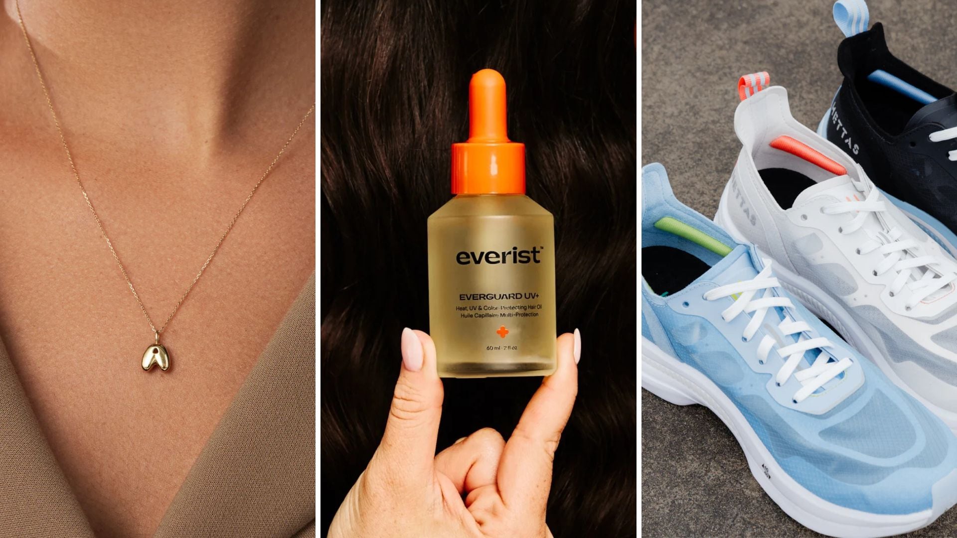 A Jenny Bird necklace, Everist hair oil, and Hettas running shoes.