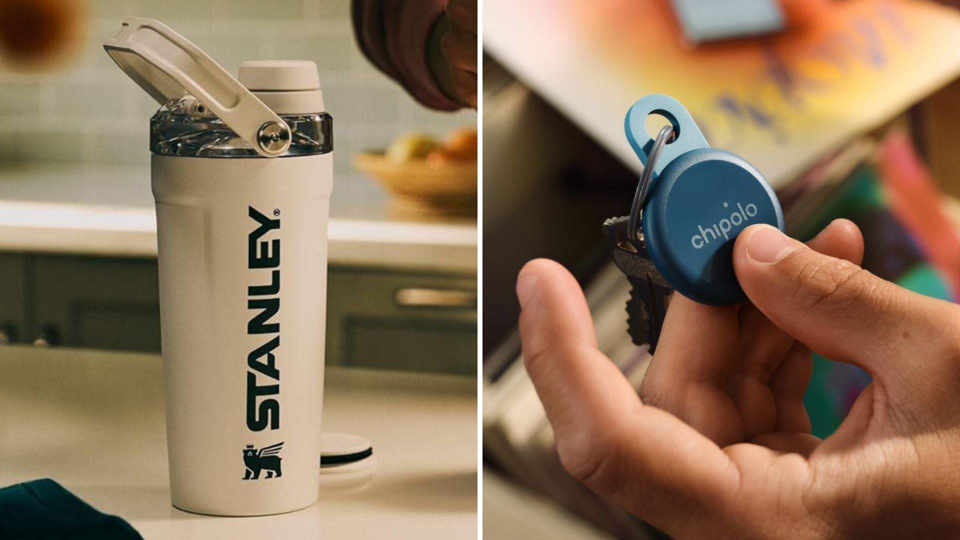 A Stanley shaker bottle and a Chipolo tracker.