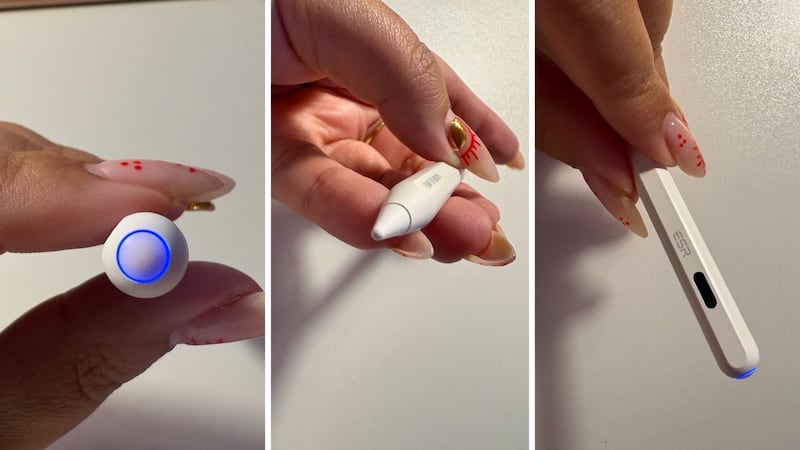 The top of the pencil featuring the power button and LED light, the tip of the pencil, and the charging port on the pencil