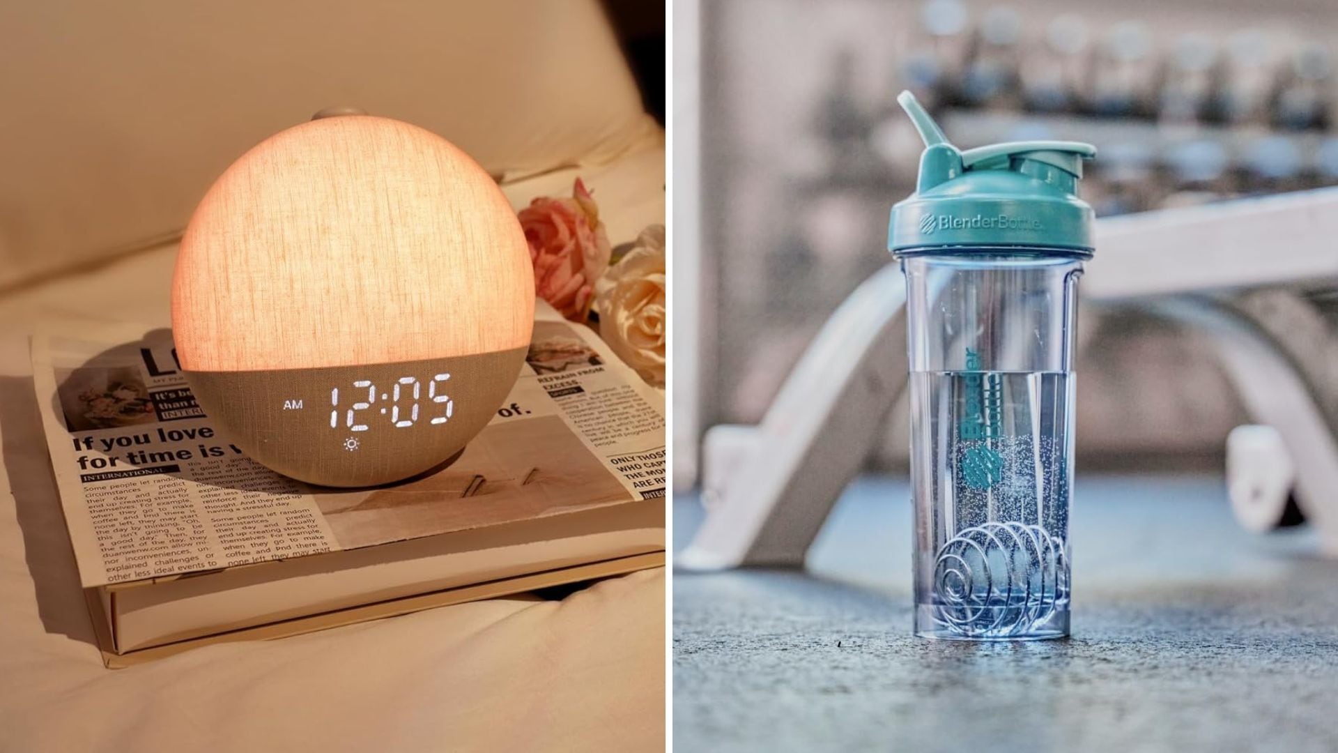 a split image of a sunrise alarm clock on a stack of newspapers, and a blender bottle with water in it on a gym floor