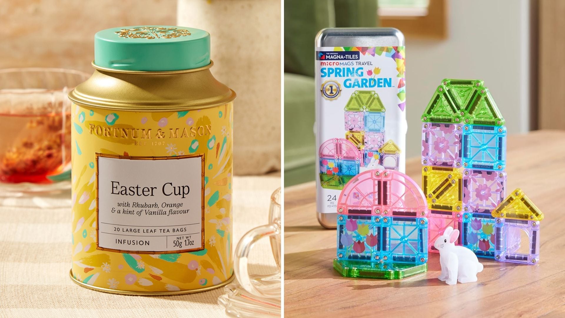 Fortnum & Mason Easter tea and a spring-themed Magna Tiles set.