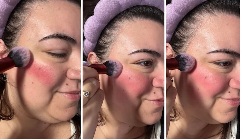 Three images of Bianca applying the blush to her cheek using a brush