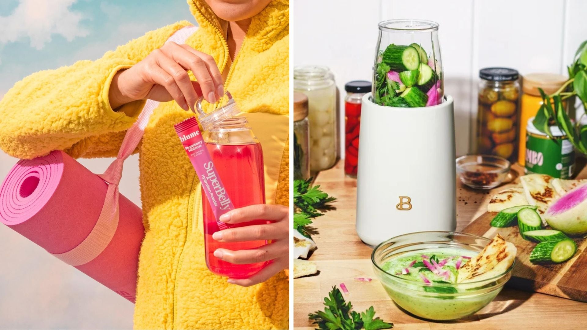 a split image of a person making a gut health drink and a personal blender on a kitchen counter