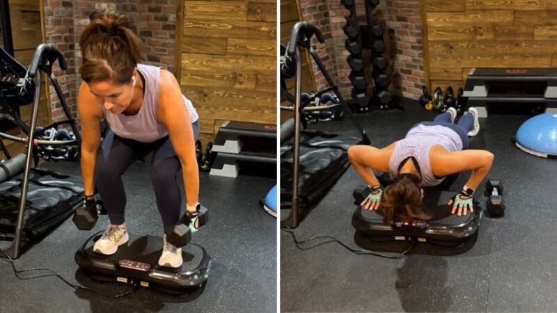 Split image of Valérie Sardin training with the Lifepro Waver Vibration Plate