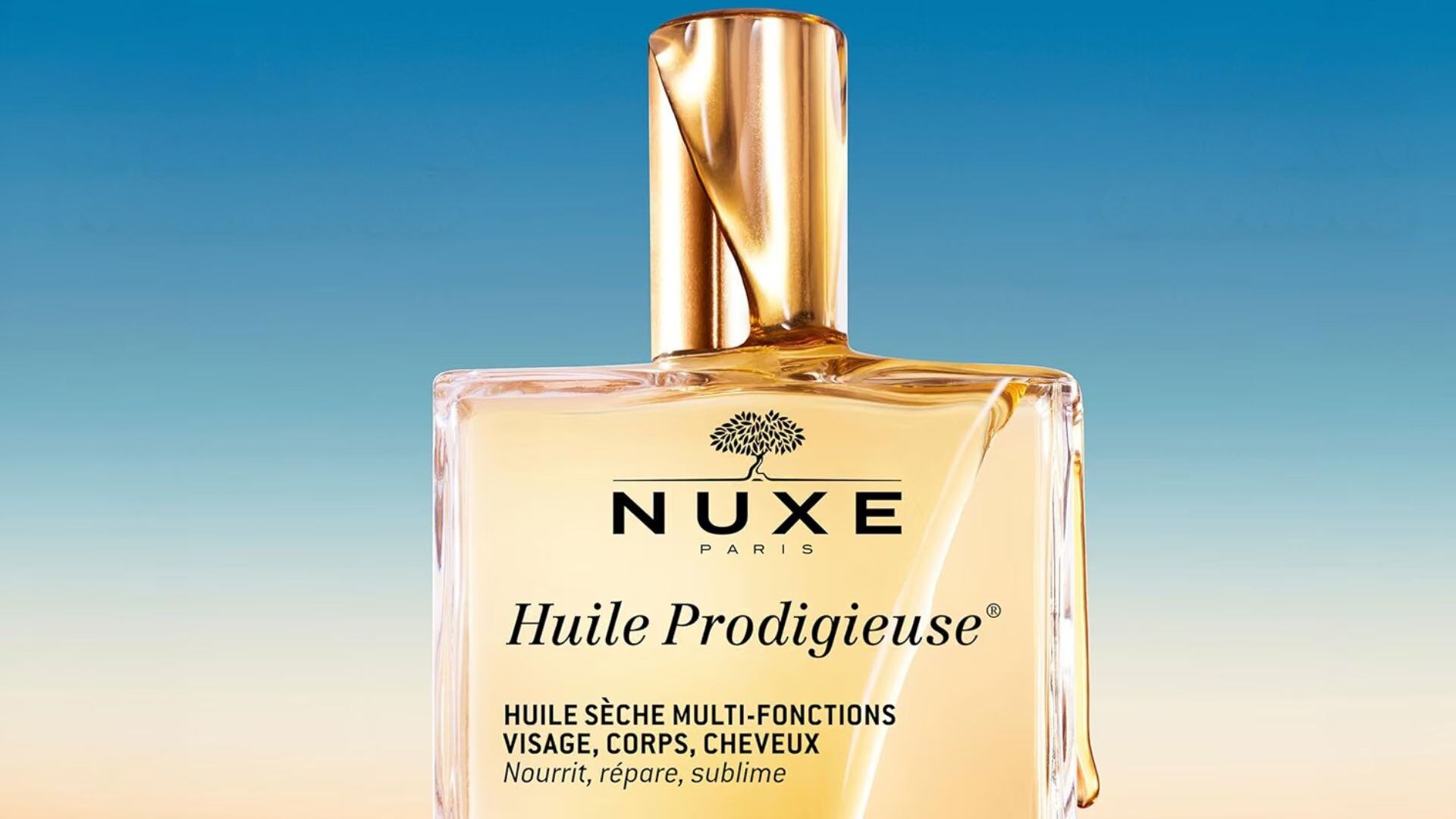 A bottle of Nuxe face, hair, and body oil.