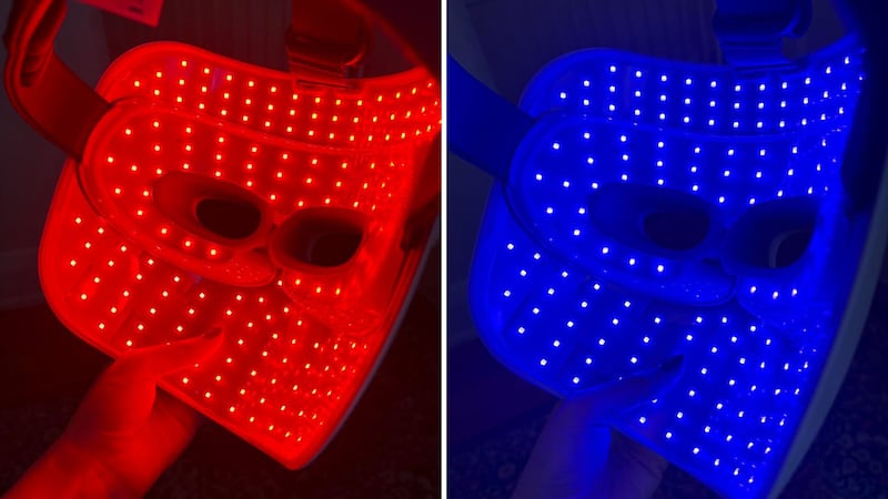 Therabody TheraFace Mask Glo LED Skincare Mask red and blue light settings.