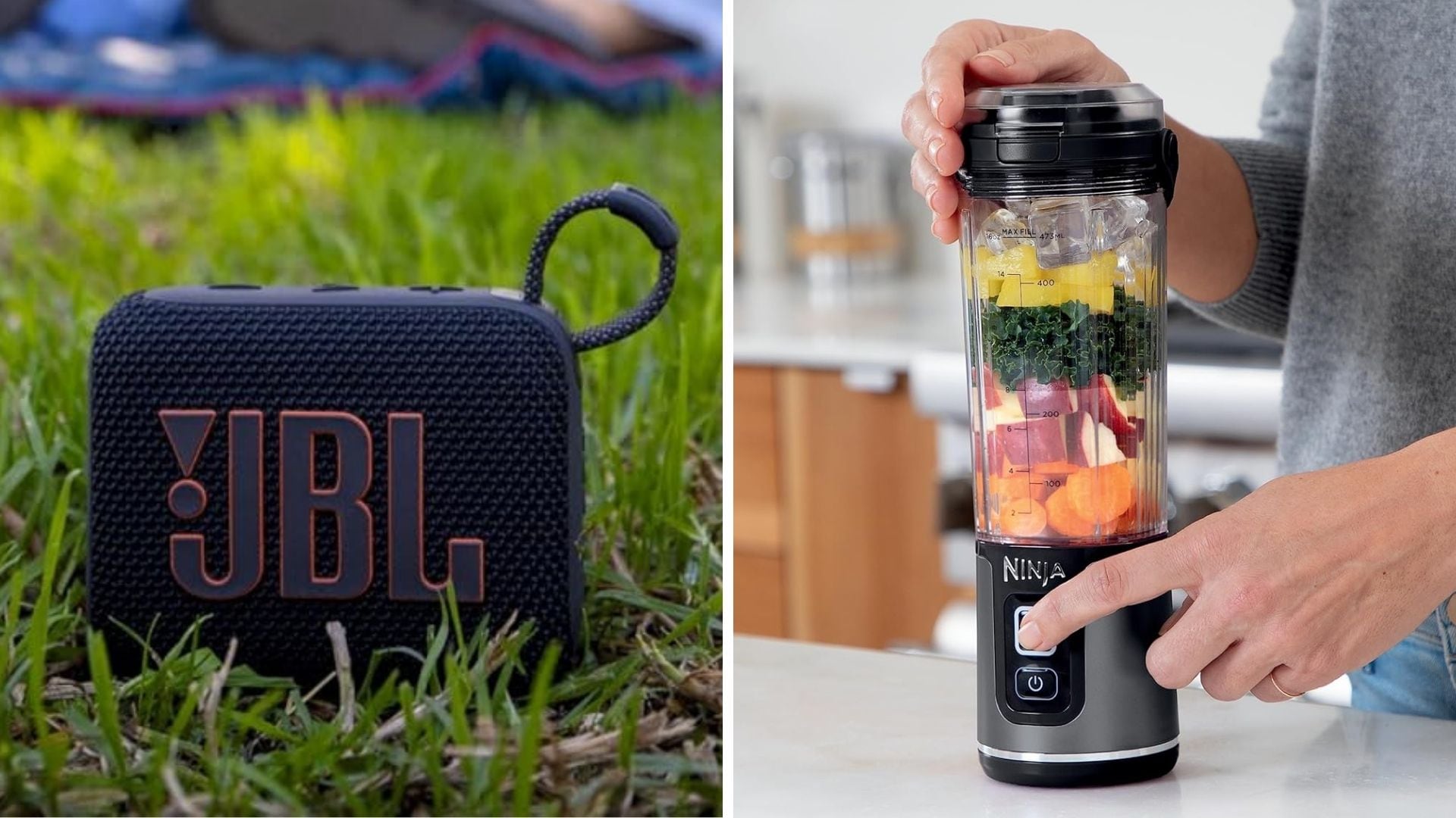 a split image of a bluetooth speaker on grass and a portable blender on a counter with fruit in it