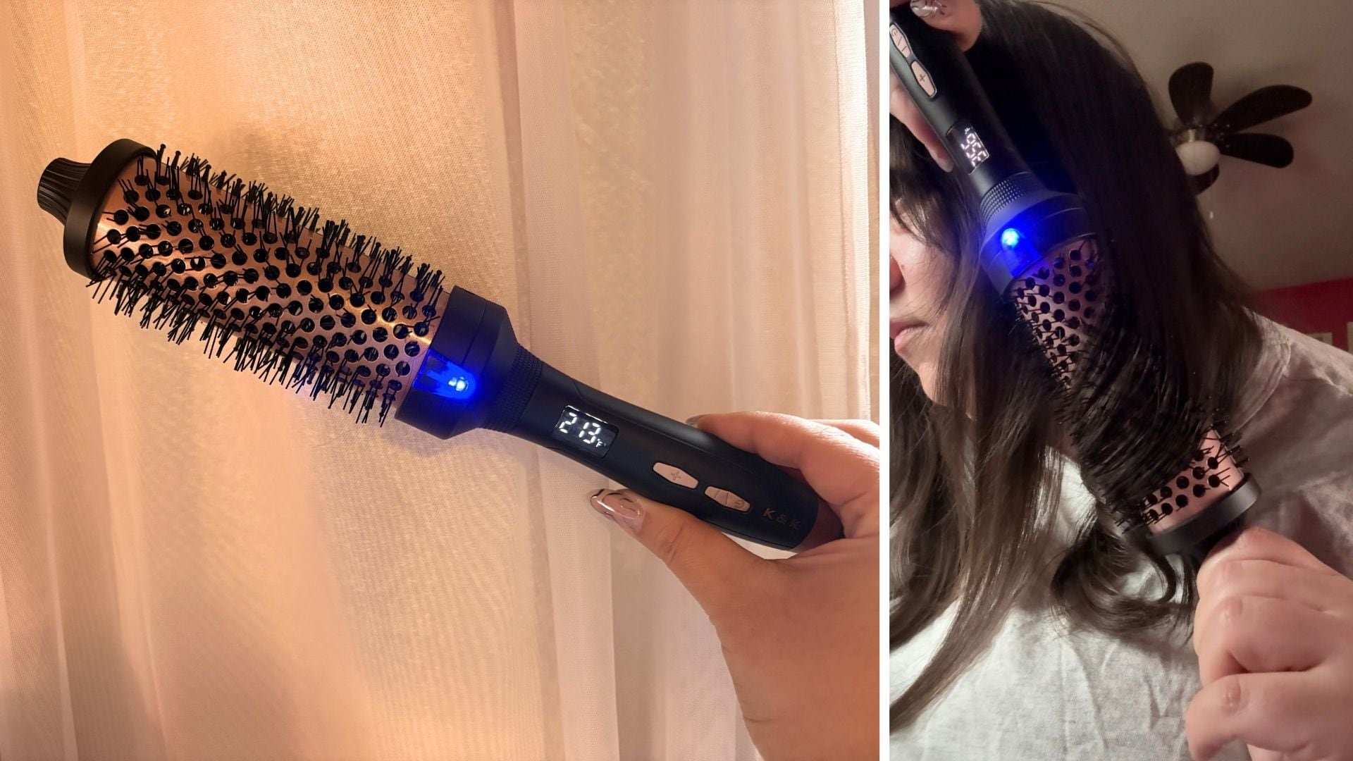 a split image of Bianca holding the brush up and Bianca using the brush in her hair