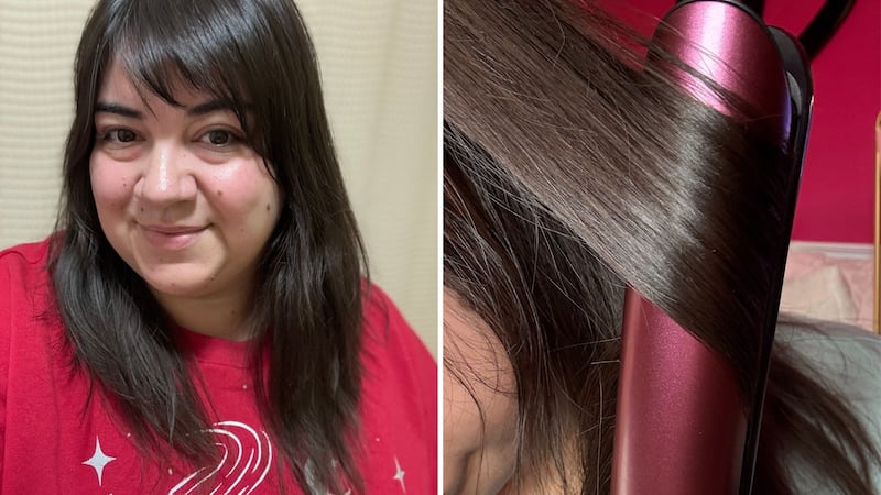 A split image of Bianca's natural hair, and the iron moving through her hair.