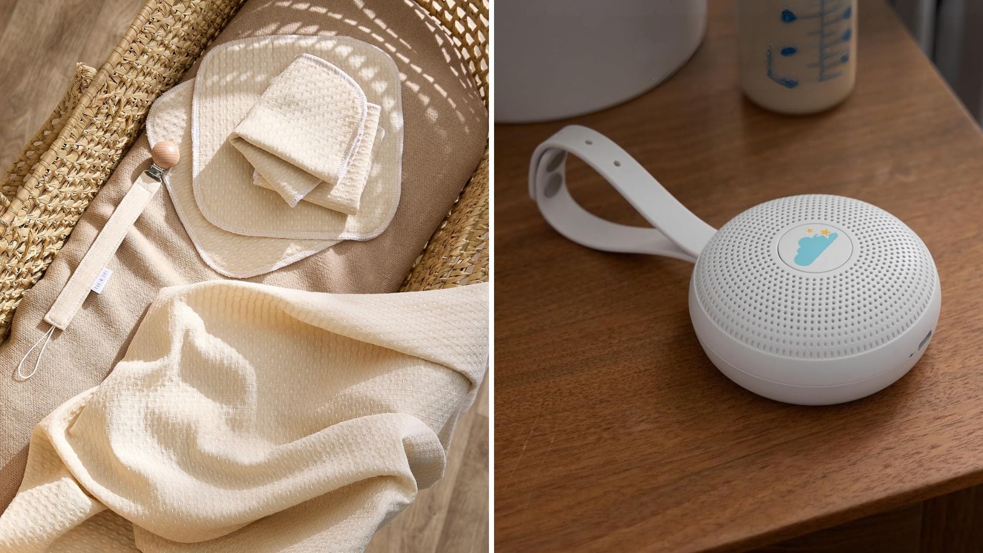 a split image of a newborn gift set and a noise machine on a table