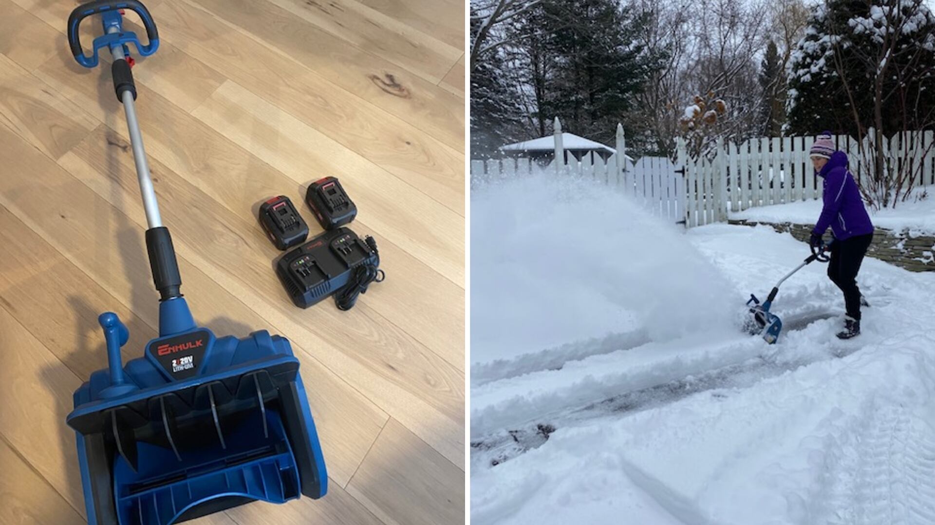 Split image of the Enhulk Electric Snow Shovel and Valérie Sardin testing the product