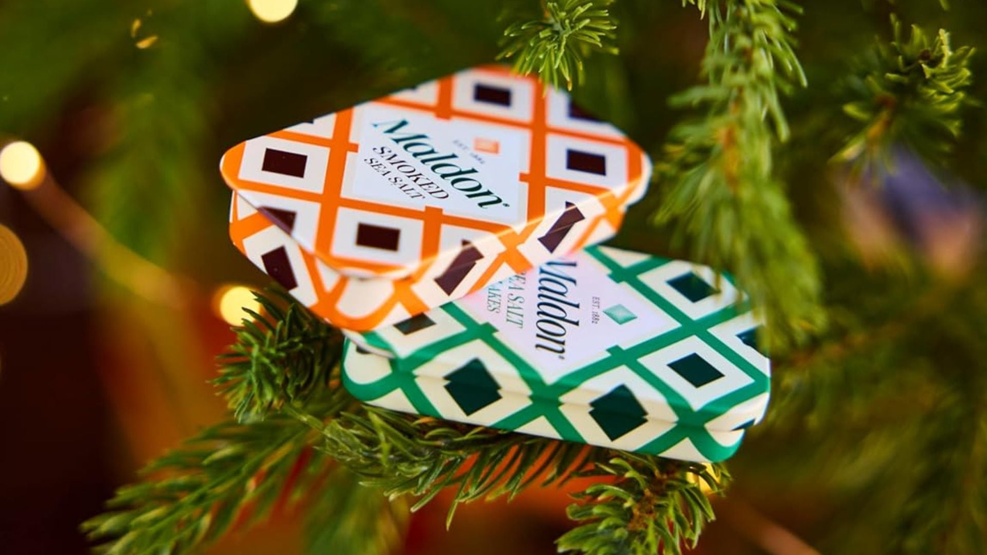 Two tins of Maldon salt in a tree.