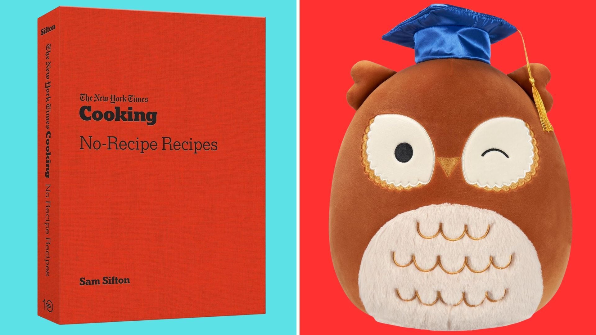 a split image of a cookbook and a graduation stuffed animal