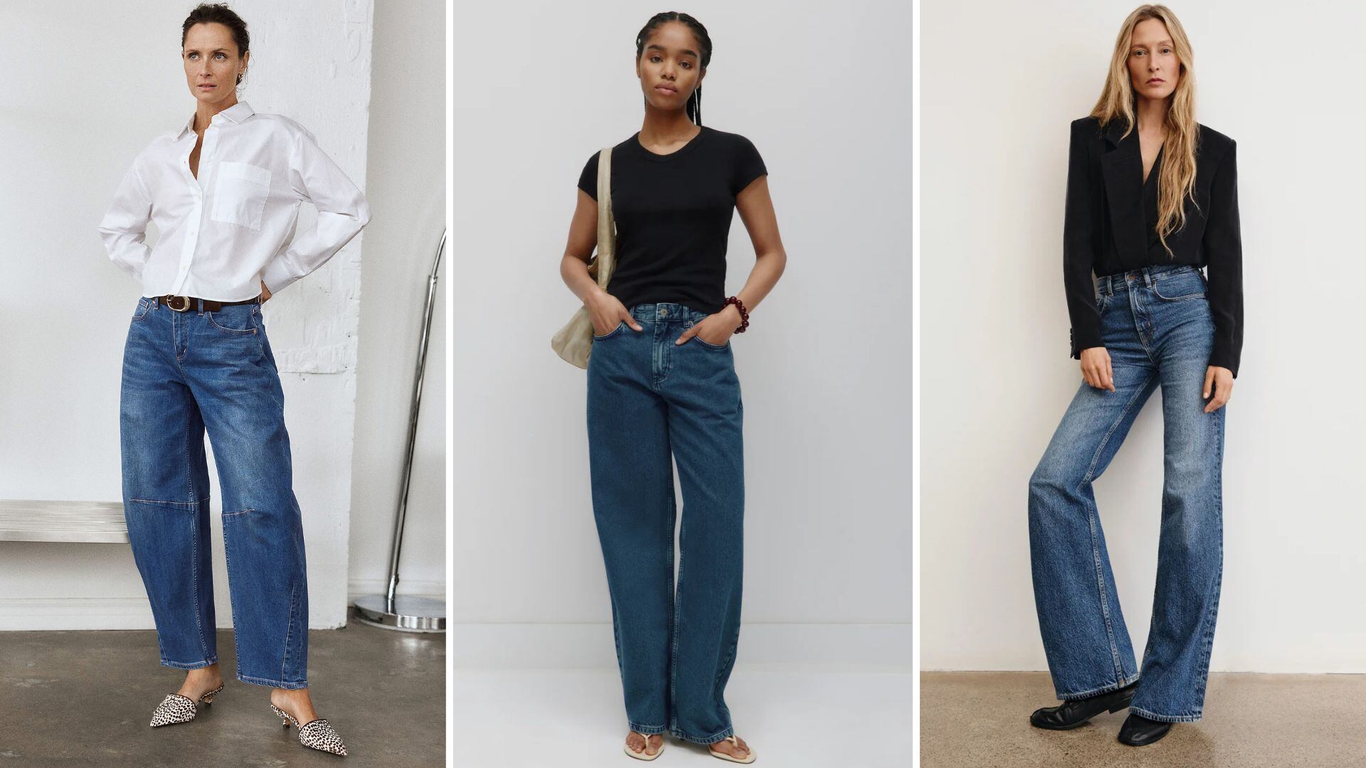 Models wearing jeans from Yoga Jeans, Kotn, and SMYTHE.