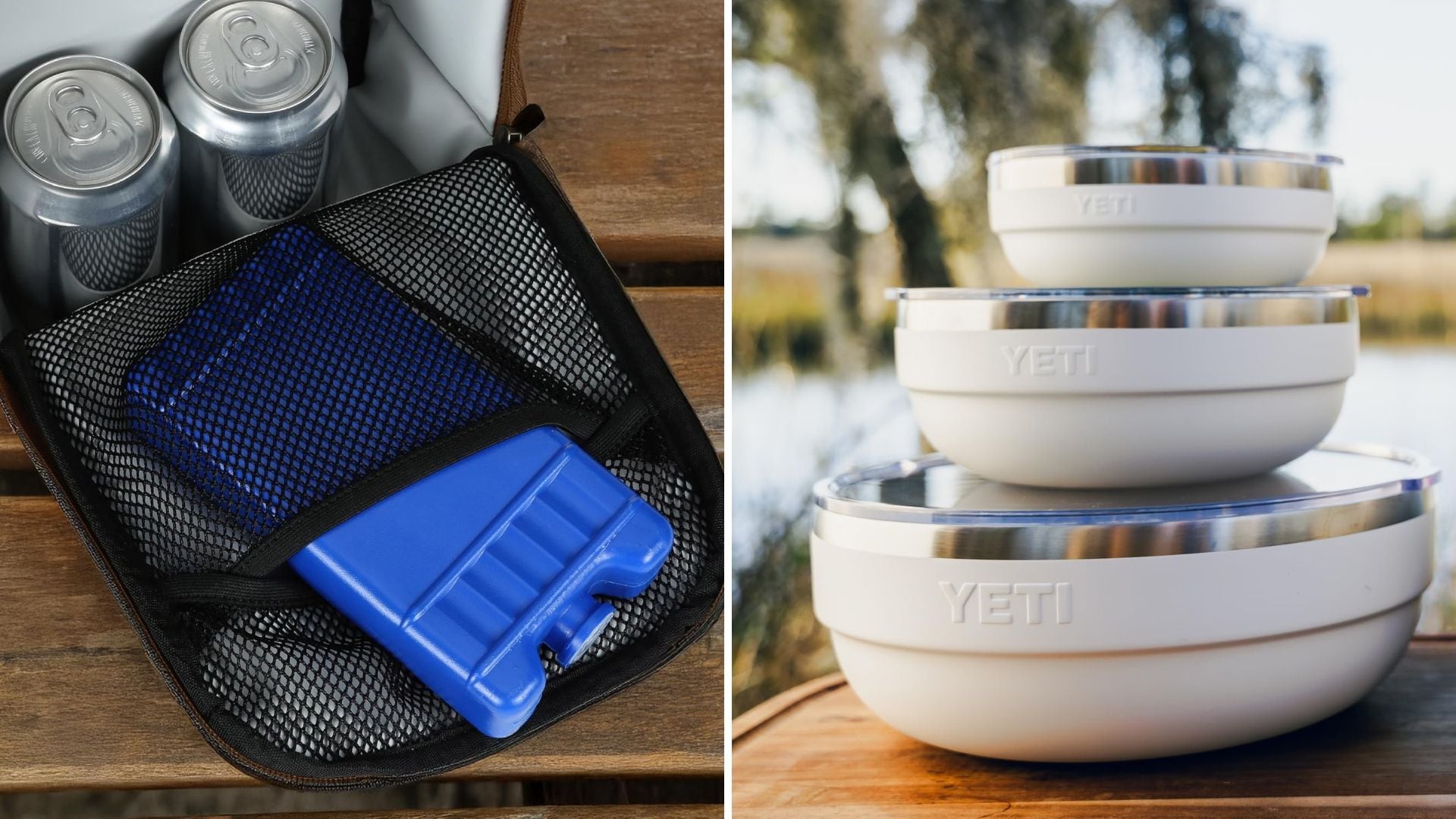 a split image of an ice pack in a lunch bag and a stack of stainless steel travel bowls
