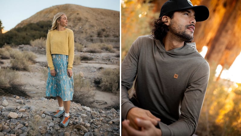 a split image of two models wearing different outfits in the forest