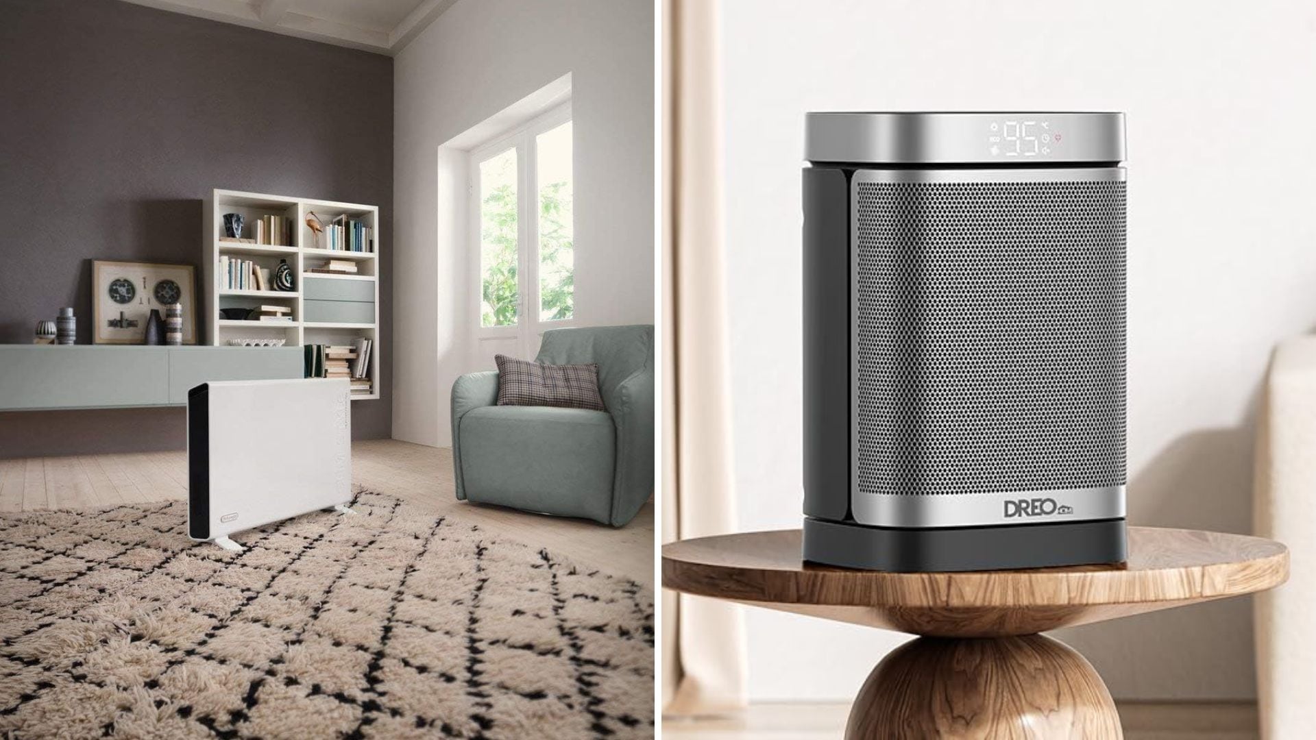 A De'Longhi space heater in a living room and a compact space heater on a table.