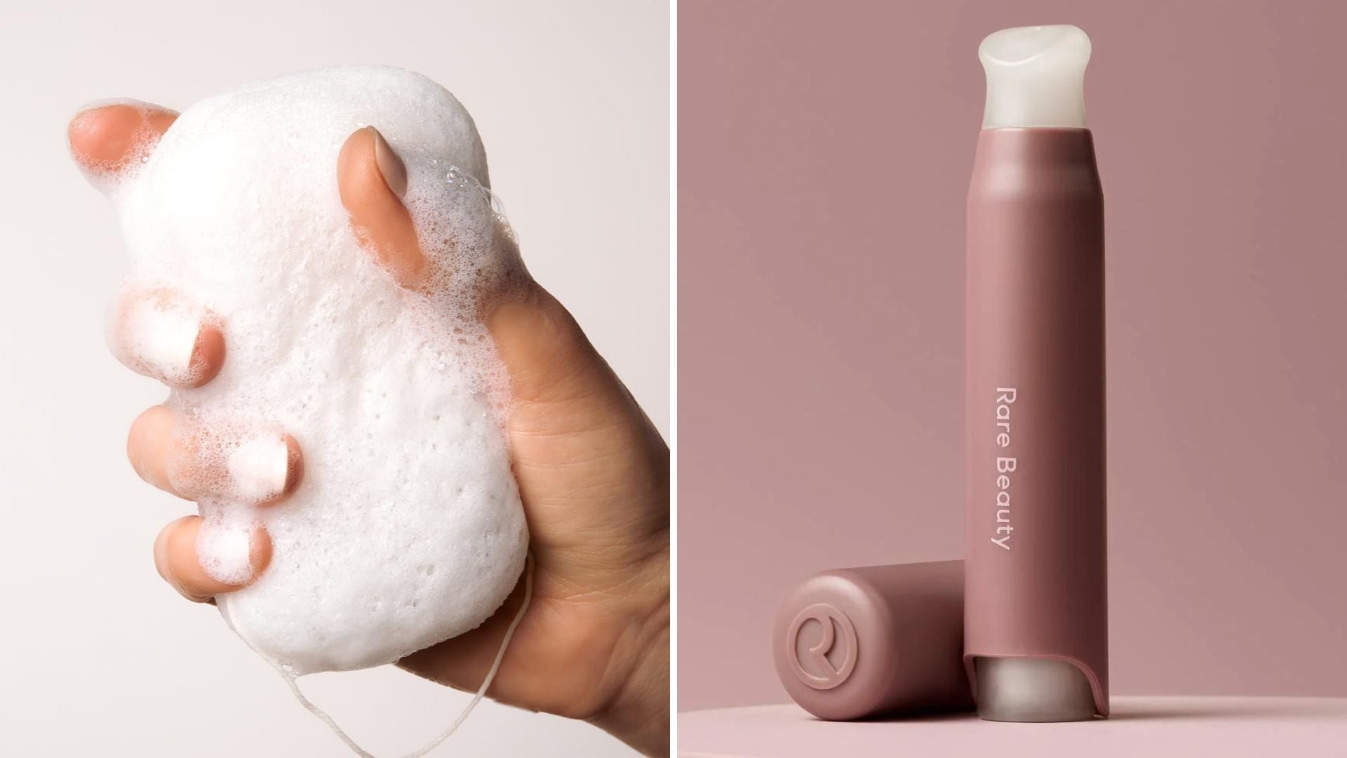 a split image of a person holding a sudsy body sponge and an aromatherapy pen with a plain background