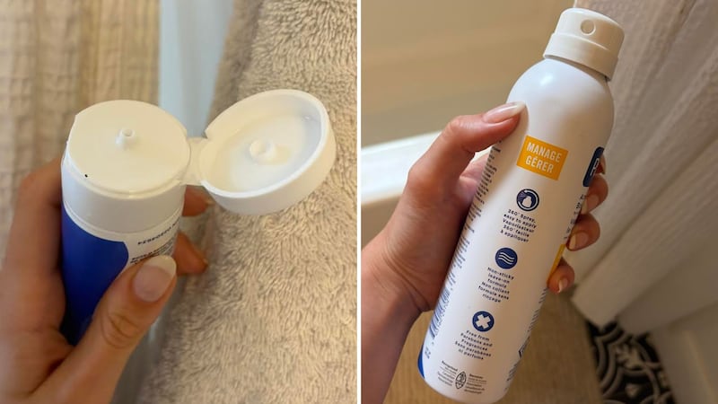Alice Prendergast holding PanOxyl | Acne Banishing Body Spray with 2% Salicylic Acid and PanOxyl | 4% Benzoyl Peroxide Acne Wash. The lid and spray nozzle caps are highlighted.