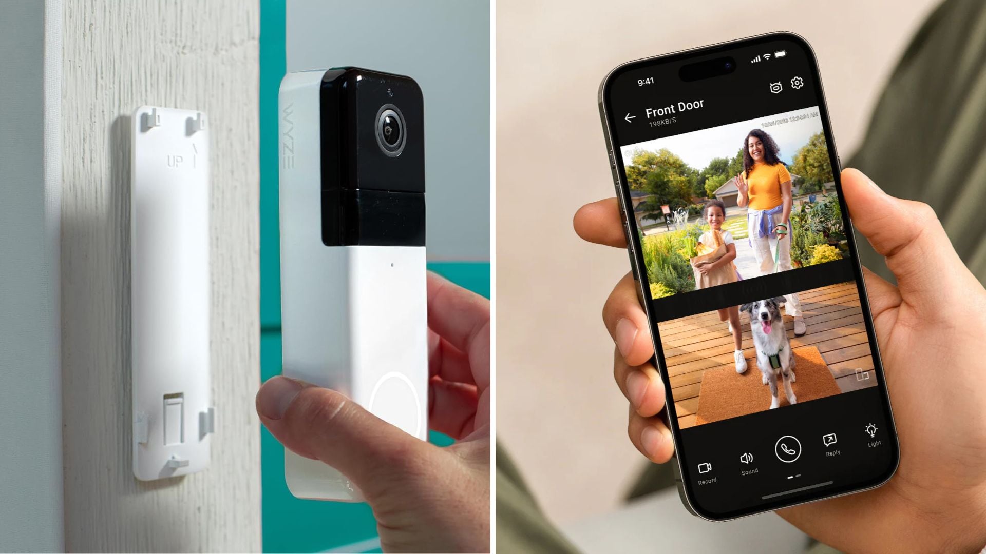 A person placing a Wyze doorbell by their door and a person checking their doorbell camera app on their phone.