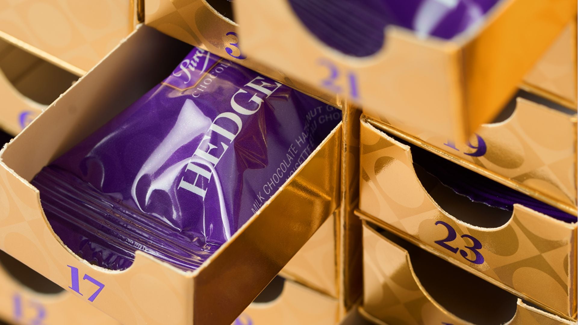 A purple and gold Purdys Hedgehog Advent calendar.