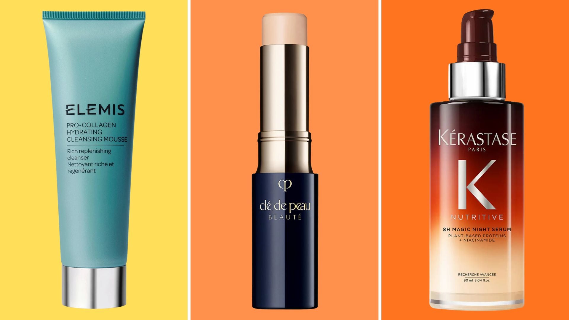 Elemis cleanser, Cle de Peau concealer, and Kerastase hair treatment.