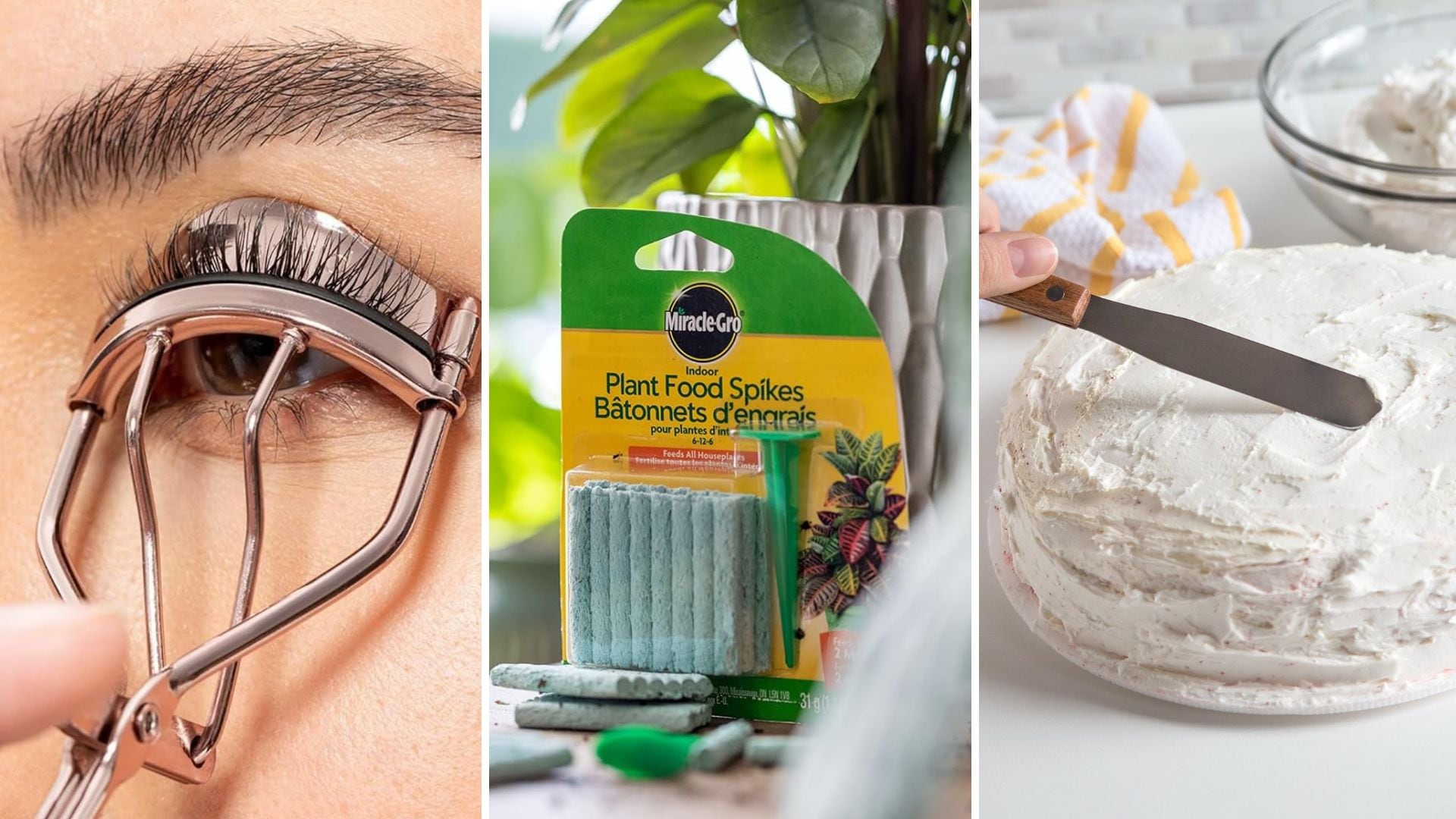 A Wet n Wild Eyelash Curler, Miracle-Gro Plant Food Spikes, and a Fox Run Icing Spatula.