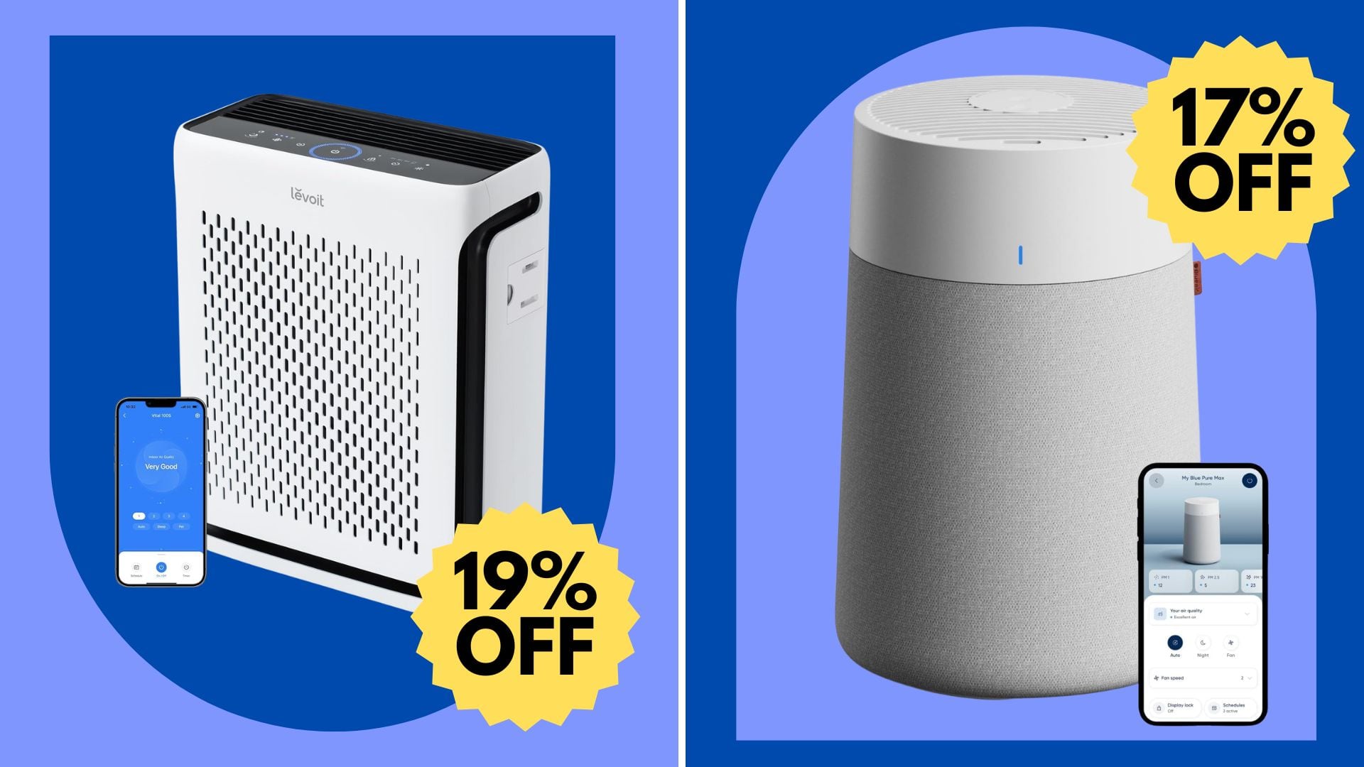 A Levoit air purifier and a BLUEAIR air purifier on a blue background.